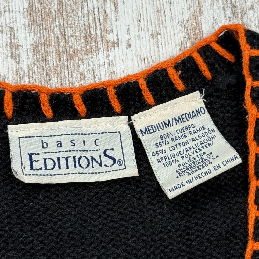 VTG Basic Editions Halloween Sweater Vest Medium Checkered Pumpkin Cat Teacher - Picture 3 of 9